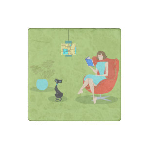 Retro Reading Woman Stone Magnet
