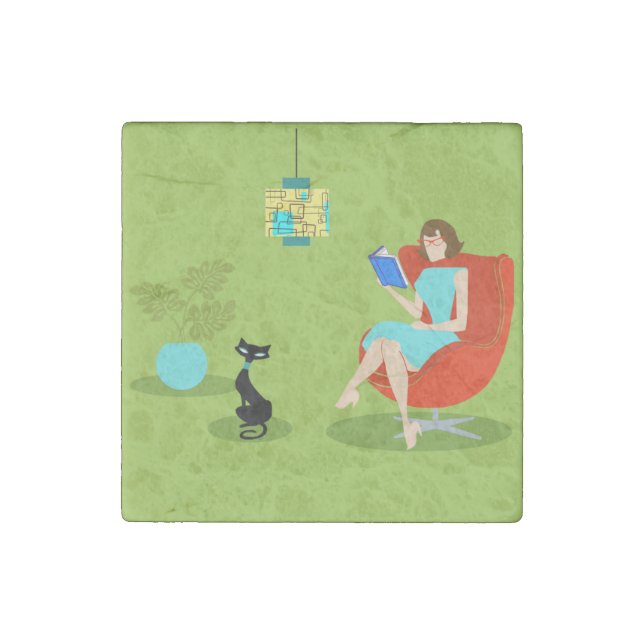 Retro Reading Woman Stone Magnet (Front)
