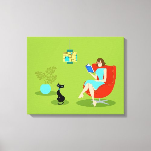 Retro Reading Woman Stretched Canvas Print