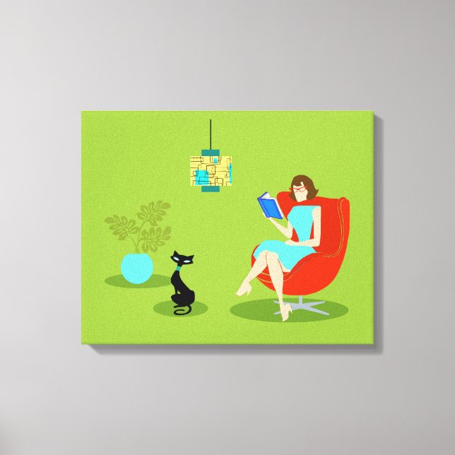 Retro Reading Woman Stretched Canvas Print (Front)