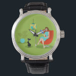 Retro Reading Woman Watch<br><div class="desc">This Retro Reading Woman Watch features a 1960's style, minimalist art, cartoon drawing of a woman who has her priorities in order. This delightful bookworm is entranced in a real page-turner. The shapely brunette is wearing an aqua dress and red glasses, while holding a blue book. She is seated in...</div>