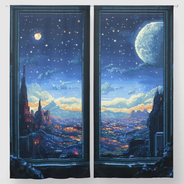 Retro Realms Pixel Curtain – Starlit Castle Vista  (Pair)