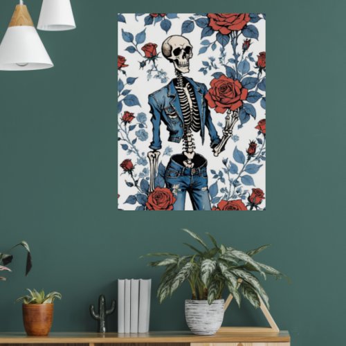 Retro Rebellion Skeleton in Denim and Roses Poster