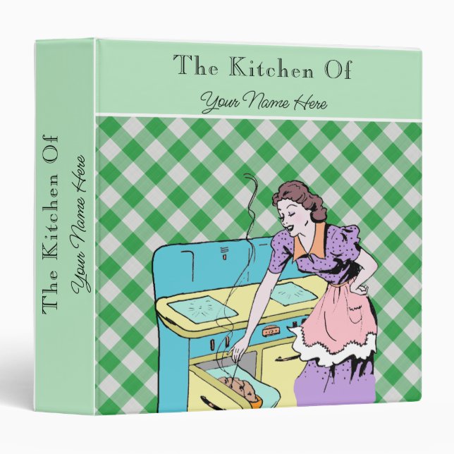 Retro Recipe Green Plaid Checks Cookbook Wife 3 Ring Binder (Front/Spine)