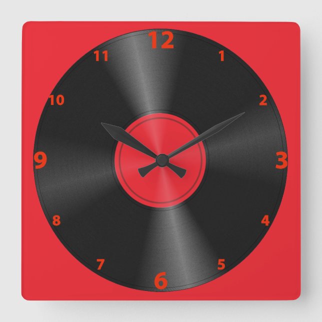 Retro, Record Album Red & Black Square Wall Clock (Front)