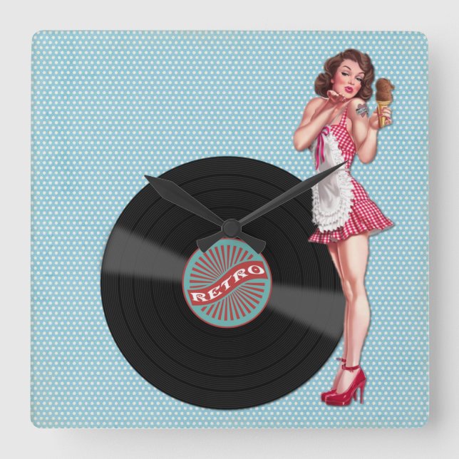 Retro Record Pin Up Girl Square Wall Clock (Front)
