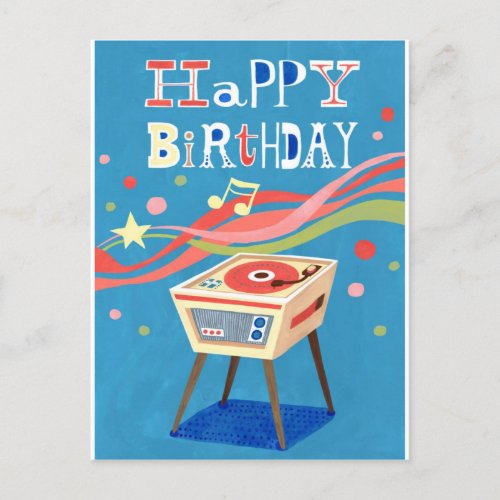 Retro Record Player Happy Birthday Postcard