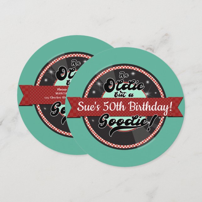 Retro Record Ribbon Fifties 50's Birthday Party Invitation (Front/Back)