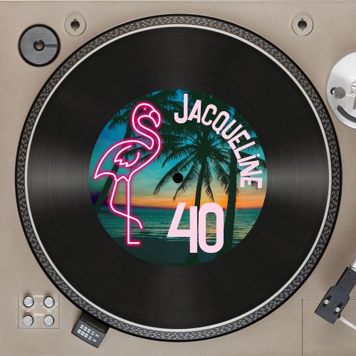 Retro Record Tropical Neon Flamingo 40th Birthday Invitation