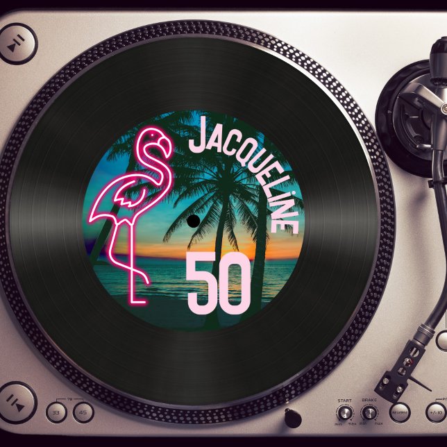 Retro Record Tropical Neon Flamingo 50th Birthday Invitation (Creator Uploaded)