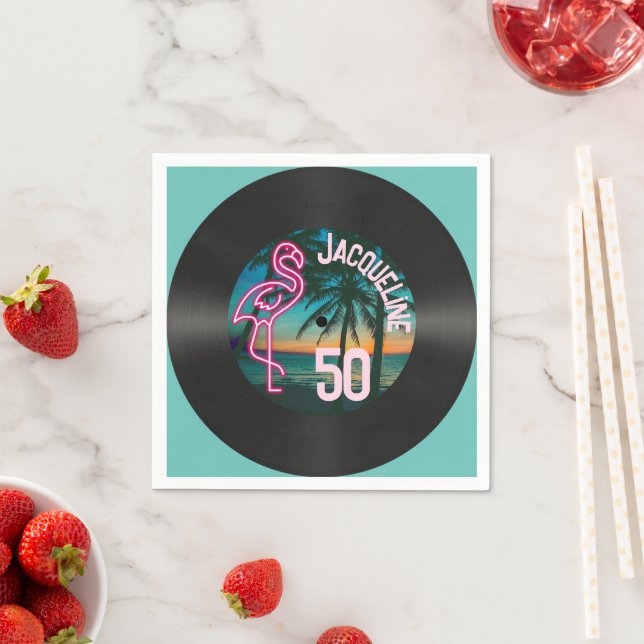 Retro Record Tropical Neon Flamingo 50th Birthday Napkins (Insitu)