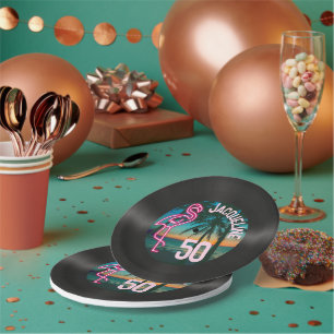 Retro Record Tropical Neon Flamingo 50th Birthday Paper Plates