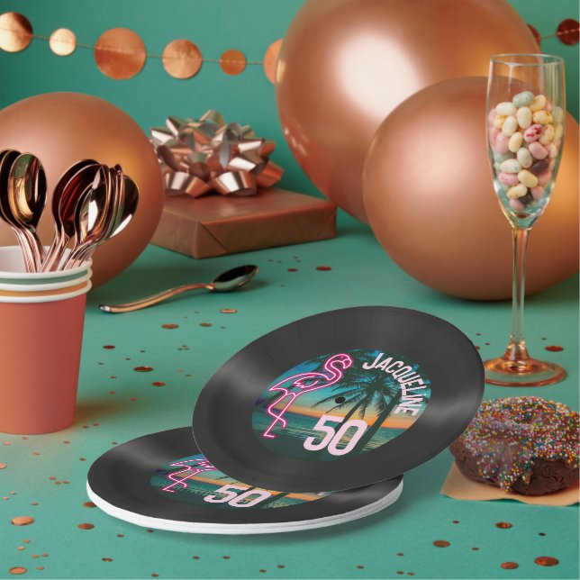 Retro Record Tropical Neon Flamingo 50th Birthday Paper Plates (Multi)