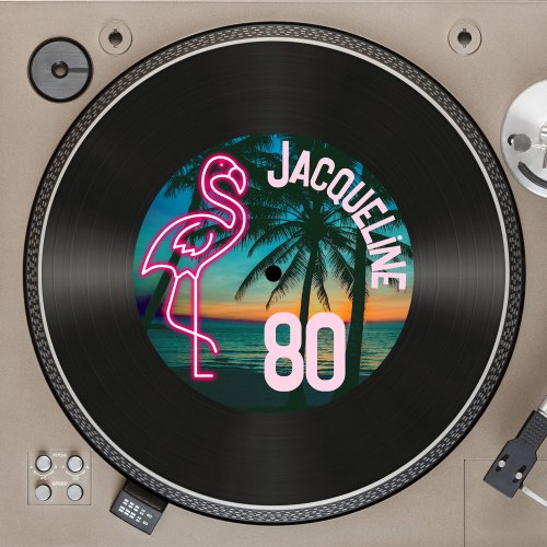 Retro Record Tropical Neon Flamingo 80th Birthday Invitation