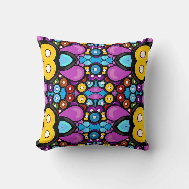 Retro Records Kaleidoscope Fun Vibrant Pattern Throw Pillow (Front)