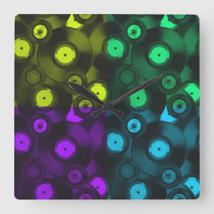 Retro Records Neon Colorful Collage Square Wall Clock