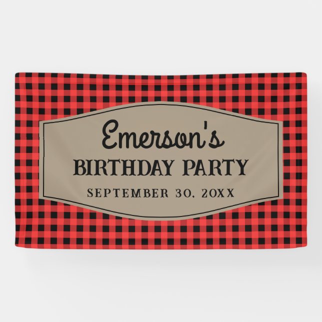 Retro Red and Black Buffalo Plaid Pattern Birthday Banner (Horizontal)