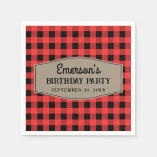 Retro Red and Black Buffalo Plaid Pattern Birthday Napkins
