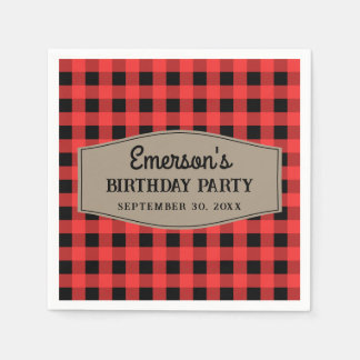 Retro Red and Black Buffalo Plaid Pattern Birthday Napkins