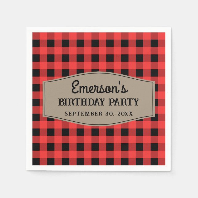 Retro Red and Black Buffalo Plaid Pattern Birthday Napkins (Front)