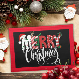 Retro red and black merry christmas cloth placemat