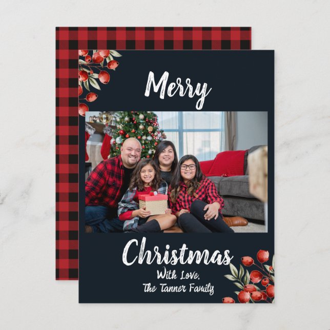 Retro Red and Black Plaid Photo Holiday Card (Front/Back)