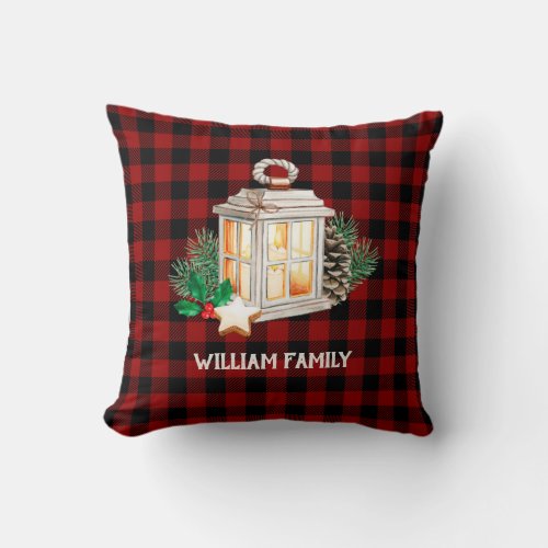 Retro red and black tartan Christmas lantern Throw Pillow