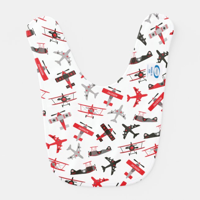 Retro Red and Black WWII Military Airplane Pattern Baby Bib (Back)