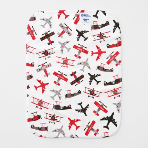 Retro Red and Black WWII Military Airplane Pattern Baby Burp Cloth