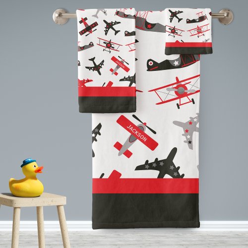 Retro Red and Black WWII Military Airplane Pattern Bath Towel Set
