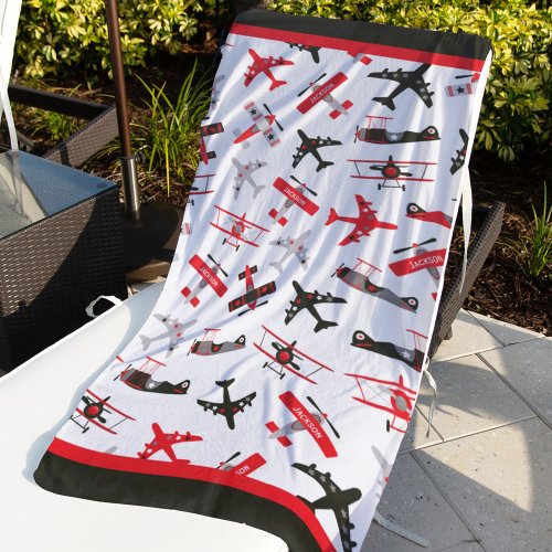 Retro Red and Black WWII Military Airplane Pattern Beach Towel