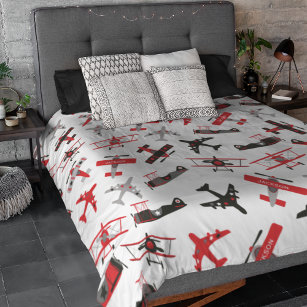 Retro Red and Black WWII Military Airplane Pattern Duvet Cover