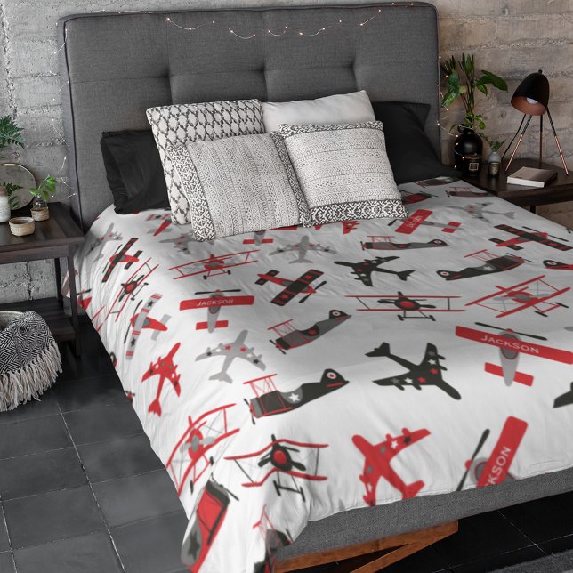Retro Red and Black WWII Military Airplane Pattern Duvet Cover (Creator Uploaded)