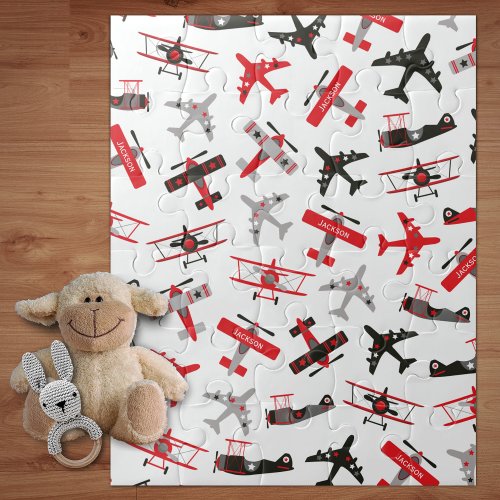 Retro Red and Black WWII Military Airplane Pattern Jigsaw Puzzle