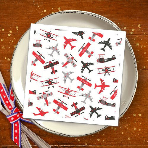 Retro Red and Black WWII Military Airplane Pattern Napkins