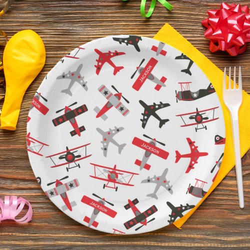 Retro Red and Black WWII Military Airplane Pattern Paper Plates