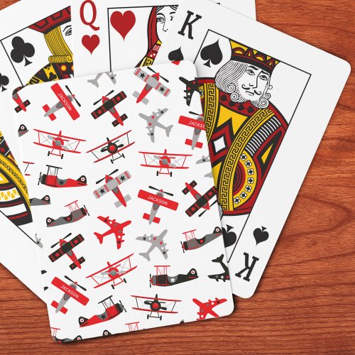 Retro Red and Black WWII Military Airplane Pattern Poker Cards