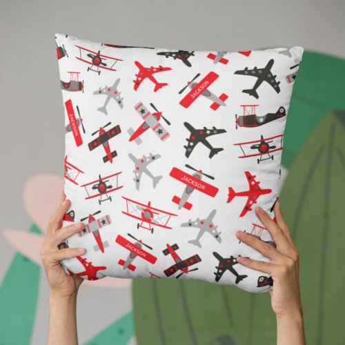 Retro Red and Black WWII Military Airplane Pattern Throw Pillow