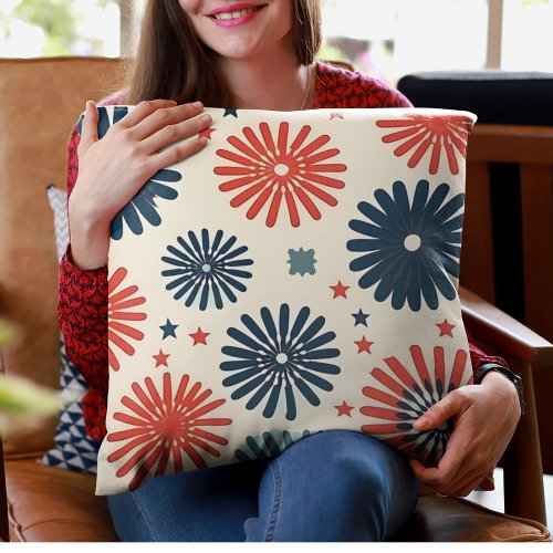 Retro Red and Blue Flowers USA Colours Throw Pillow