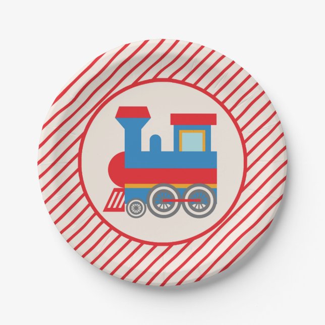 Retro Red and Blue Train Paper Plates (Front)