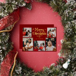 Retro Red and Gold Merry Christmas Family Photo Foil Holiday Card