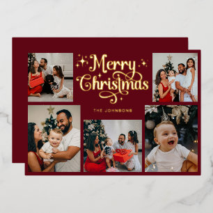 Retro Red and Gold Merry Christmas Family Photo Foil Holiday Card