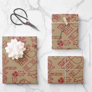 Retro Red and Gold Vintage Nordic Christmas Wrapping Paper Sheets
