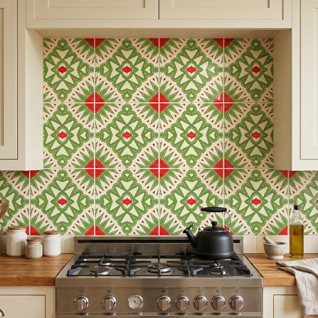 Retro Red and Green Bohemian Geometric Mosaic Ceramic Tile (Creator Uploaded)