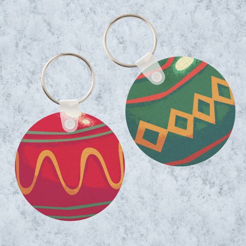 Retro Red and Green Christmas Ornaments Keychain