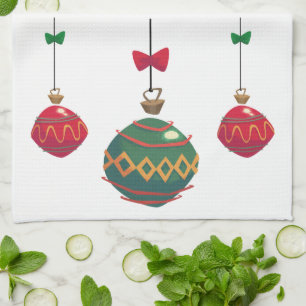 Retro Red and Green Christmas Ornaments Kitchen Towel