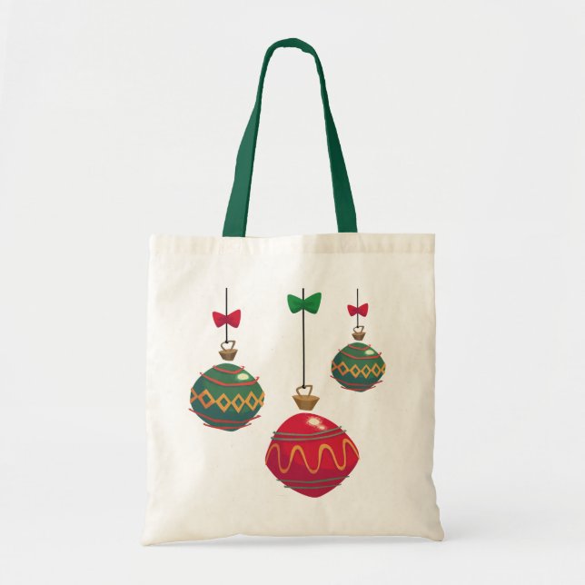 Retro Red and Green Christmas Ornaments Tote Bag (Front)