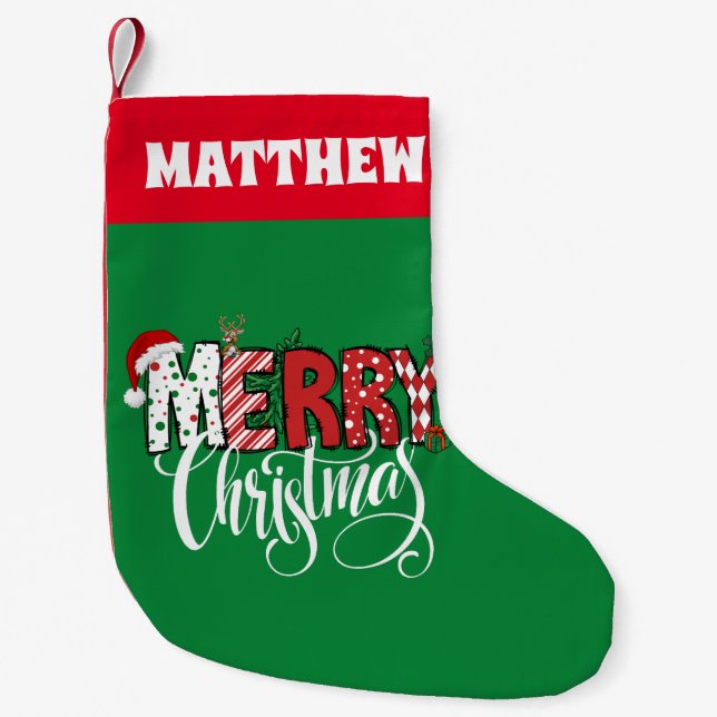 Retro red and green merry christmas small christmas stocking (Front)