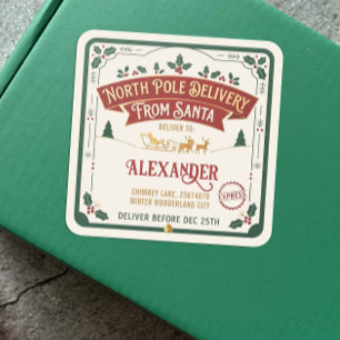 Retro Red And Green North Pole Delivery From Santa Square Sticker