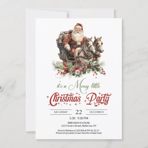 Retro red and green Santa with horse_drawn sleigh Invitation